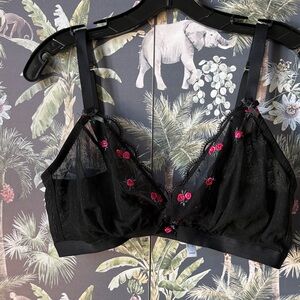 Cacique Black Sheer Bralette with Pink Floral Embroidery NWOT